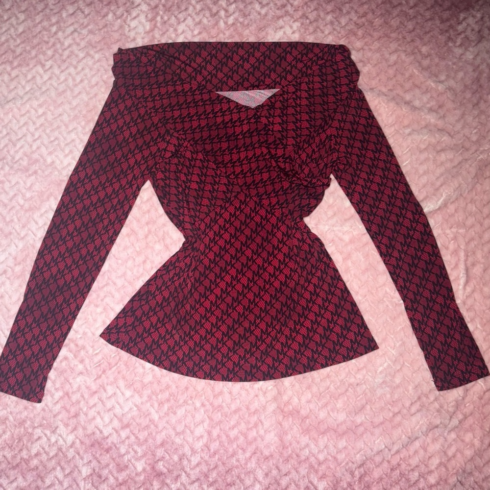 Michael Kors Red and Black Patterned Long Sleeve off the shoulder Top
